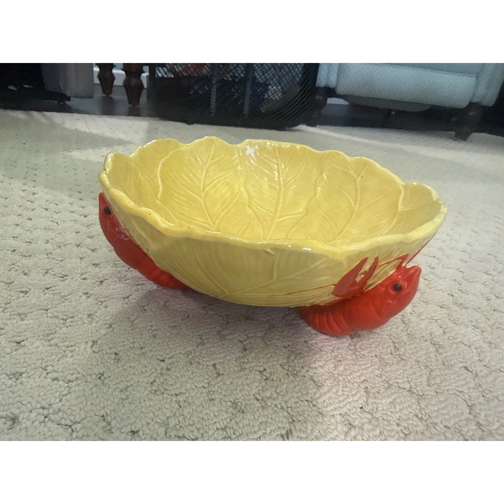 Maruhon Ware Japan Vintage Cabbage Leaf Bowl with Red Lobster Feet Hand Painted